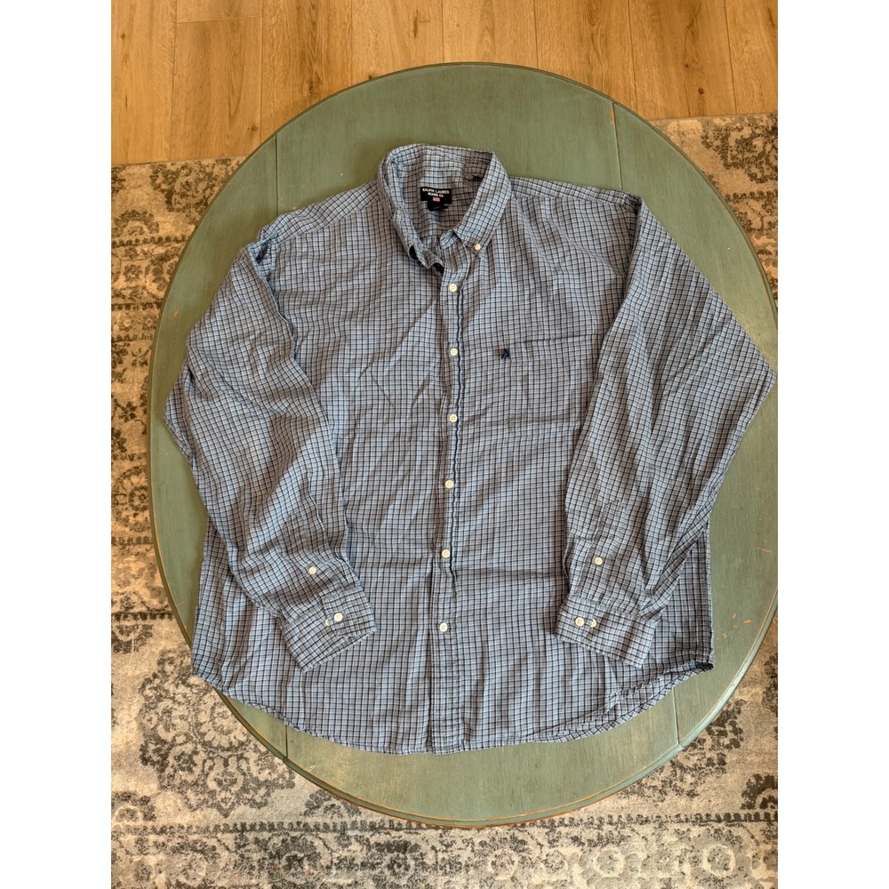 Ralph Lauren Jeans Co Mens XL Blue‎ Grid Check Cotton Button Down Shirt LS